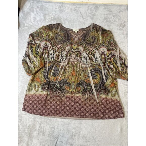 One World 2X Boho Paisley Mixed Print Top Scoop Neck 3/4 Sleeve Stretch Blouse - Picture 5 of 11